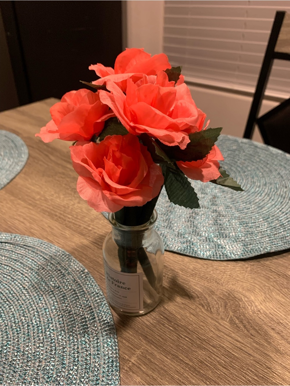 Coral Artificial Rose Bouquet in Glass Vase - Home Accents, office decor.
